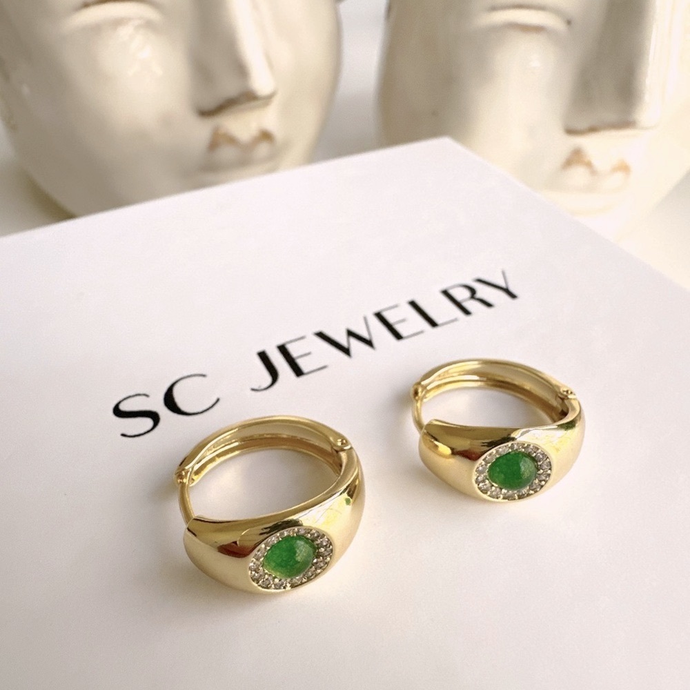 Hoop Earrings 14k Gold Plated Emerald Green CZ Stone Minimalist Jewelry
